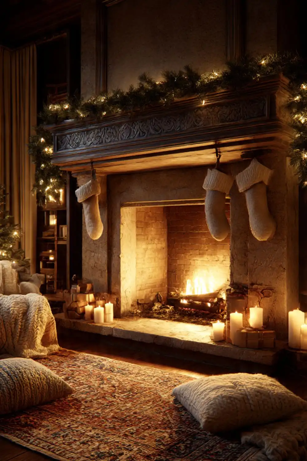 Cozy fireplace with stockings and Christmas decorations.
