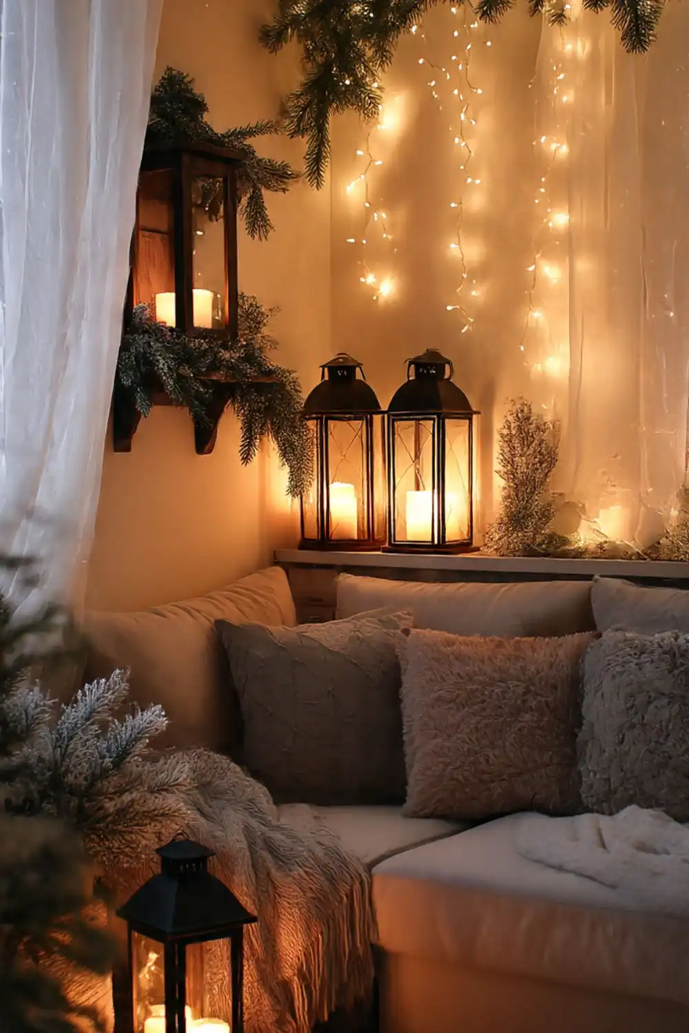 Cozy room with lanterns and festive lights.