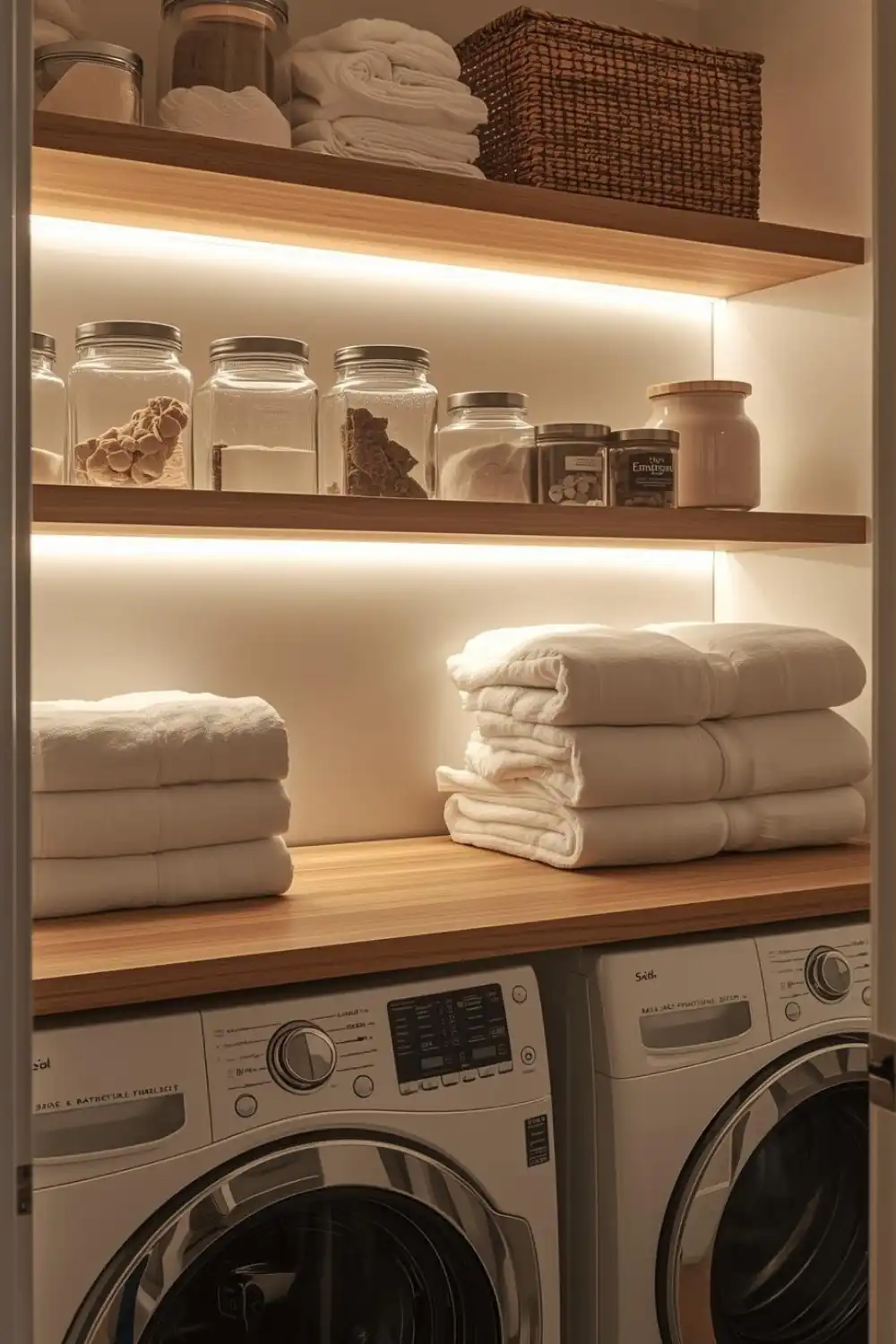 Organized laundry room with shelves and washing machine.