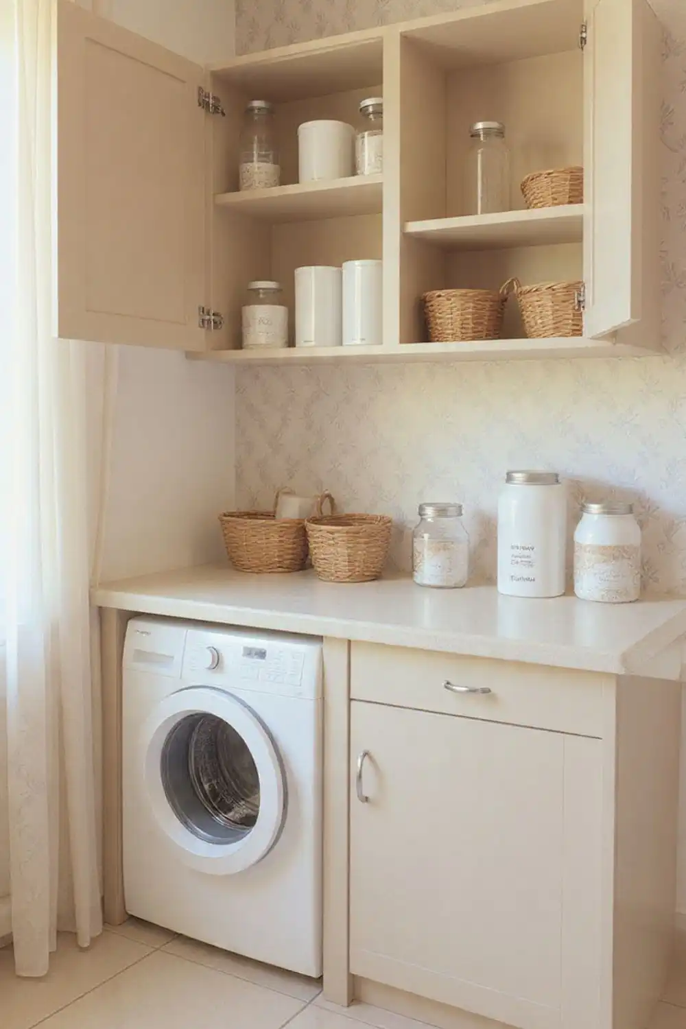Laundry room with washing machine and storage baskets.