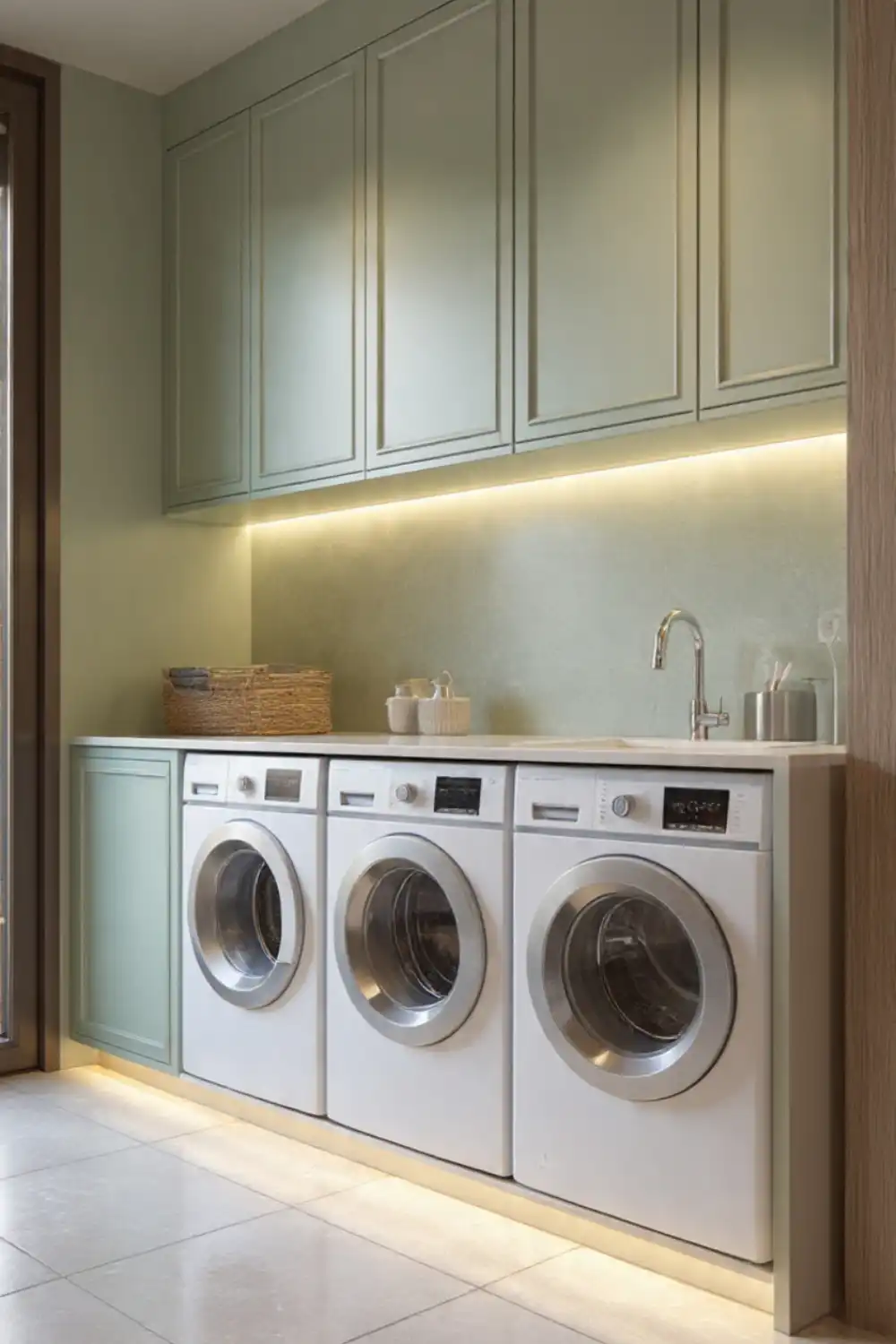 Modern laundry room with three washing machines.