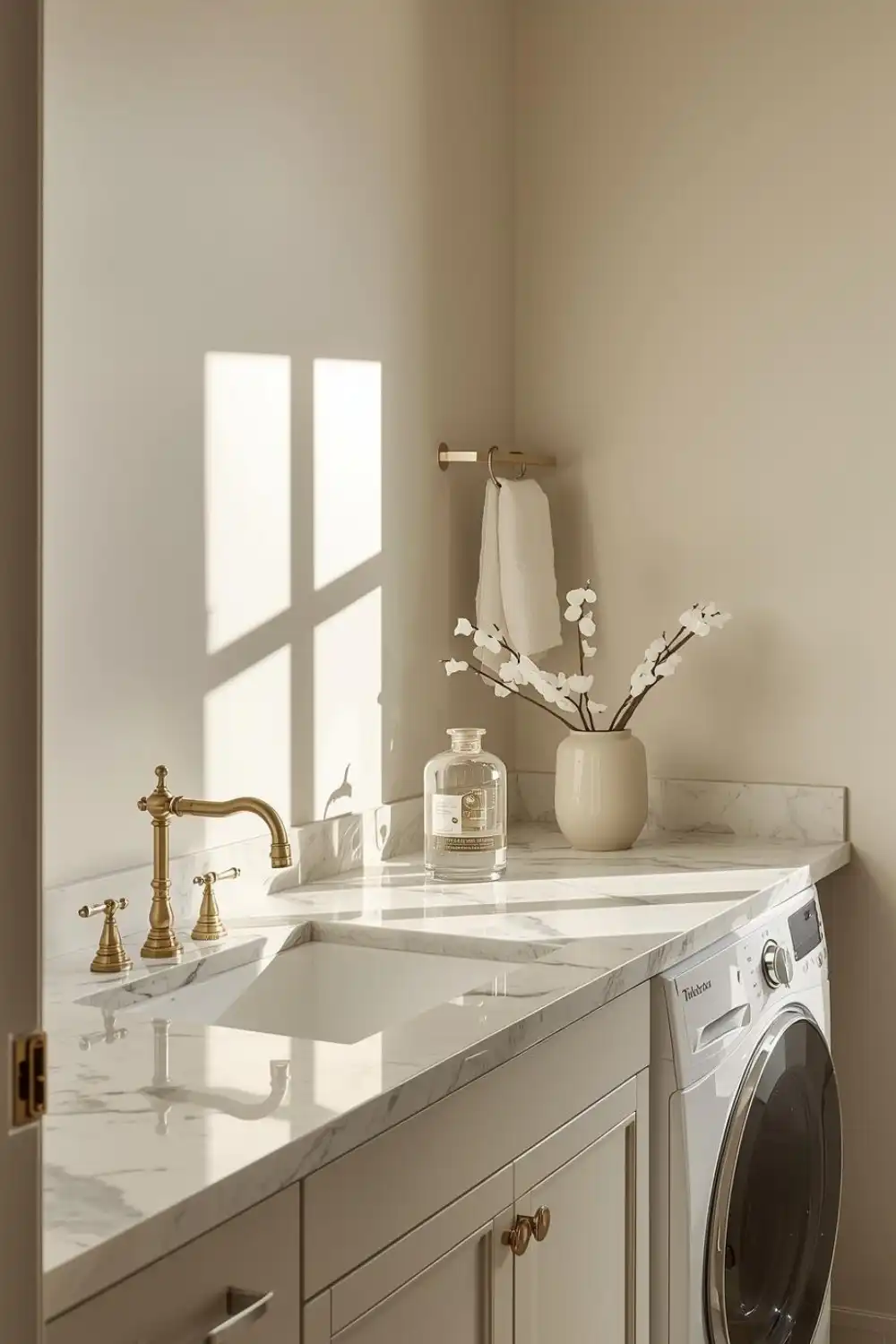Modern laundry room with marble countertop and vase