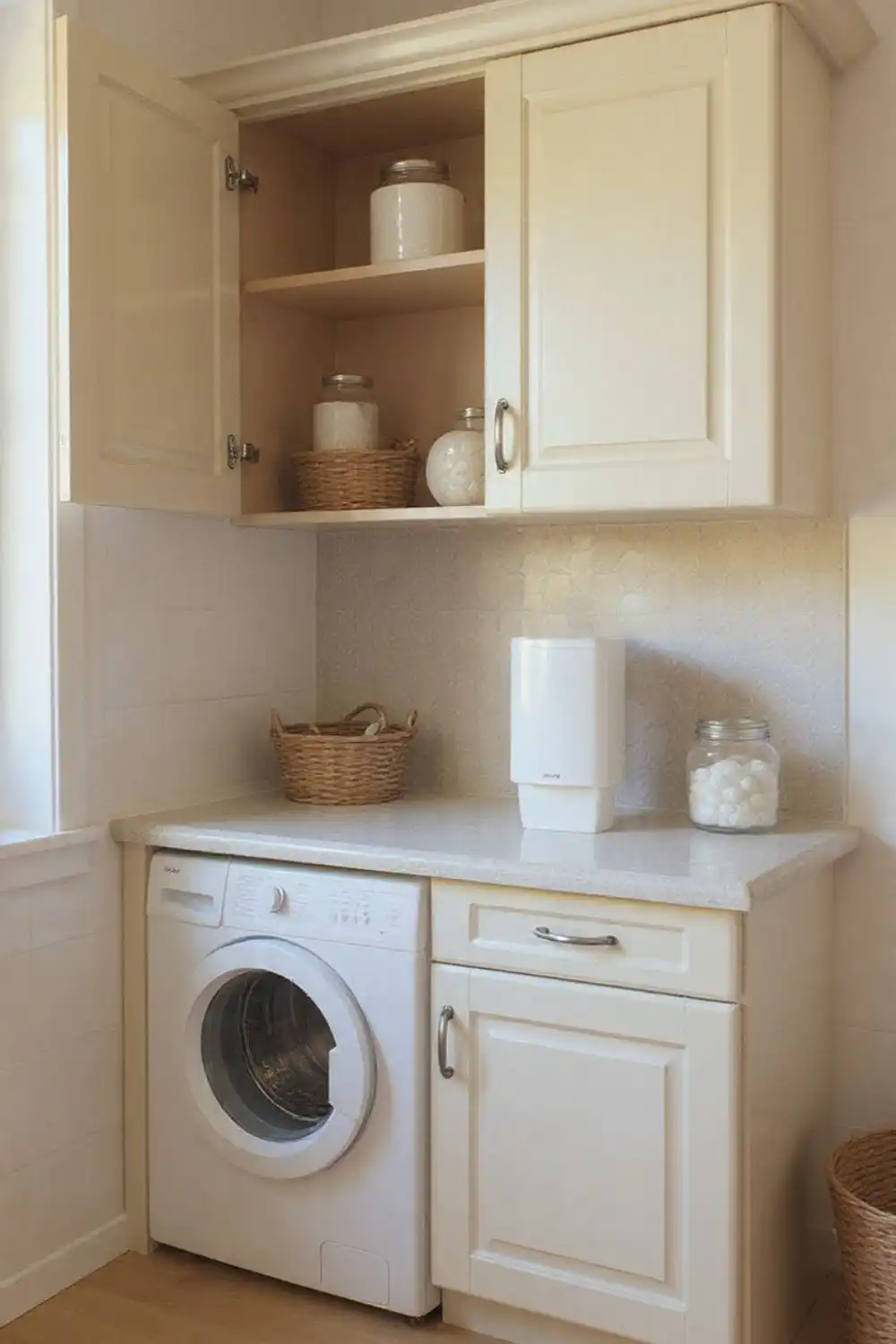 Laundry room with washer, cabinets, and storage baskets.