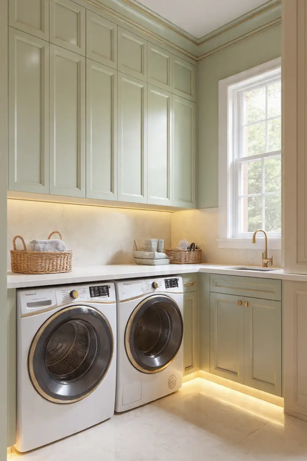 Modern laundry room with cabinets and appliances.