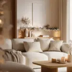Cozy living room with beige decor and candles.