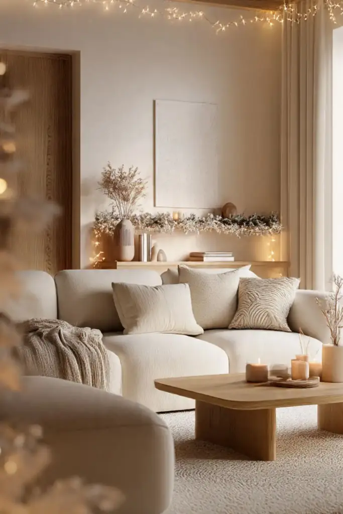 Cozy living room with beige decor and candles.