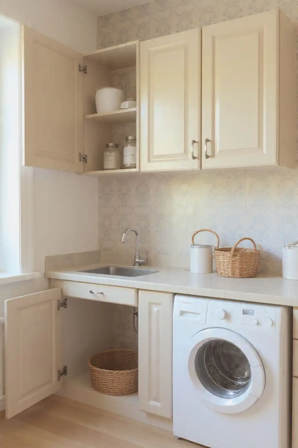 Compact laundry room with washer and storage cabinets.