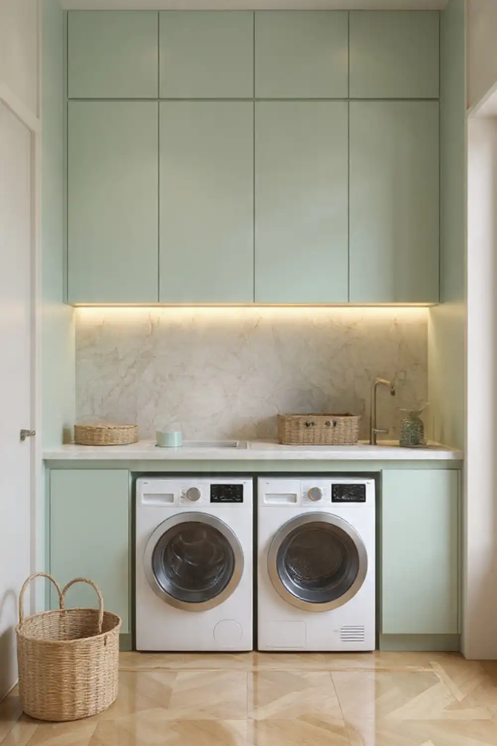 Modern laundry room with mint cabinets and washers.