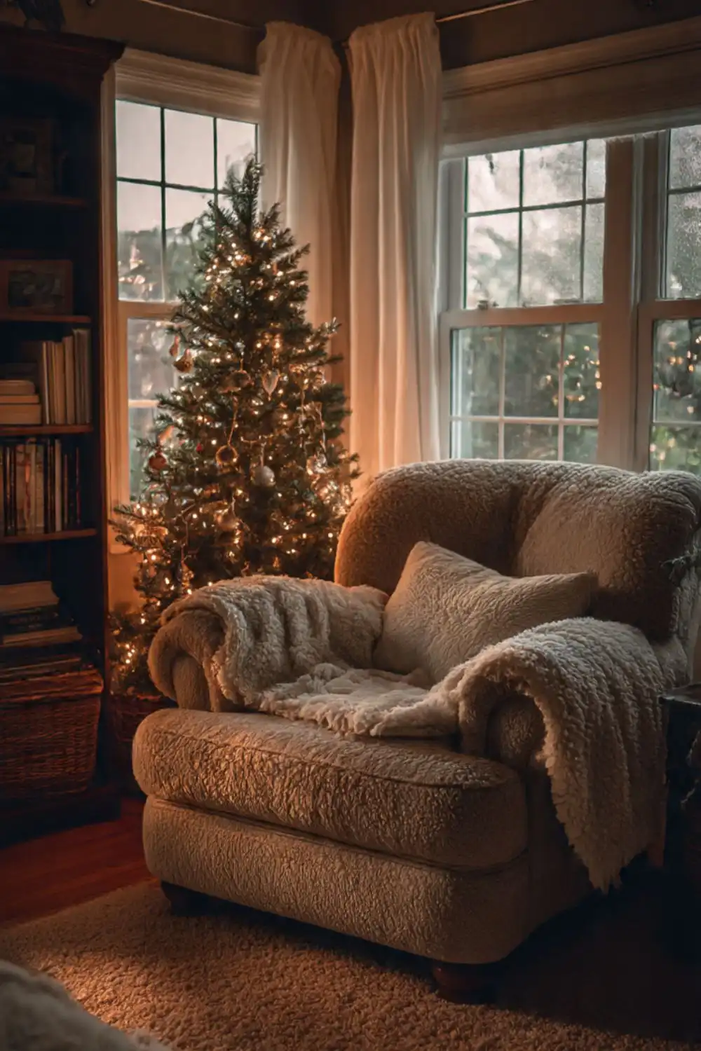 Cozy armchair with blanket by Christmas tree.