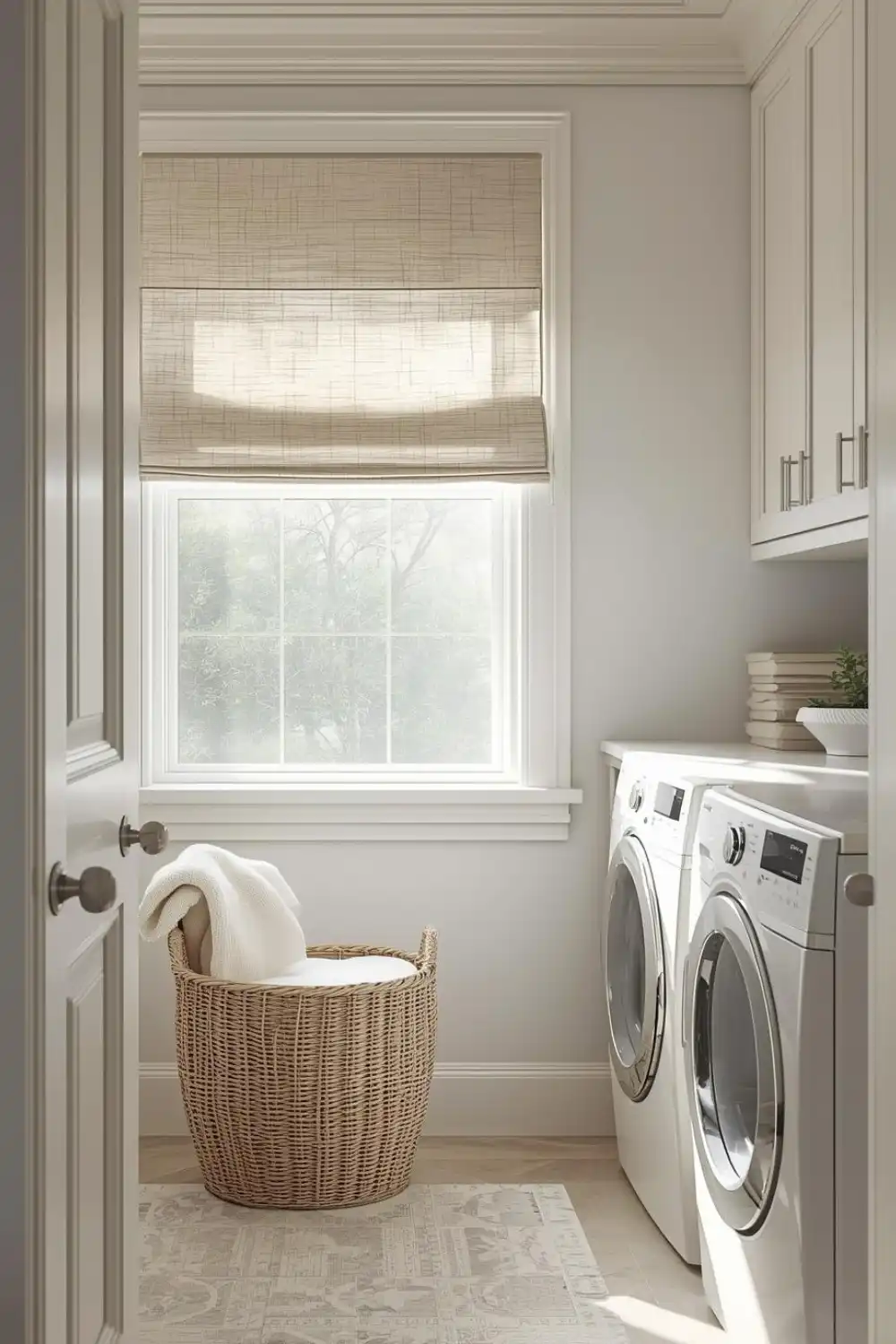 Bright laundry room with wicker basket and appliances.