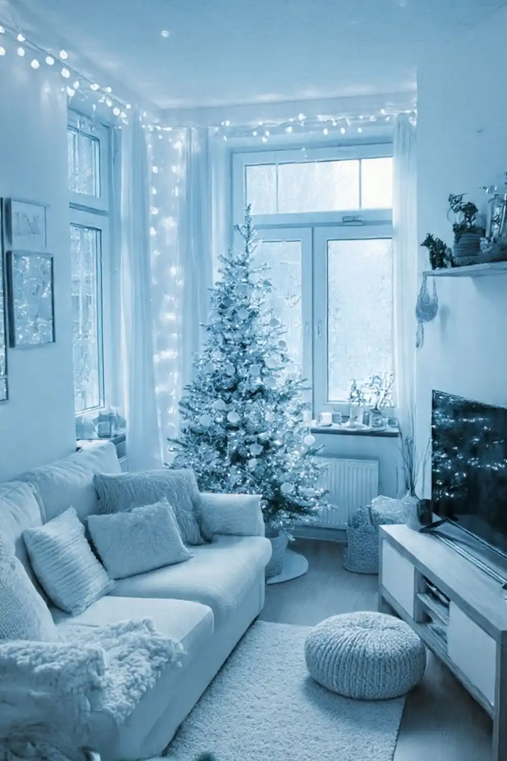 Cozy living room with Christmas decorations.