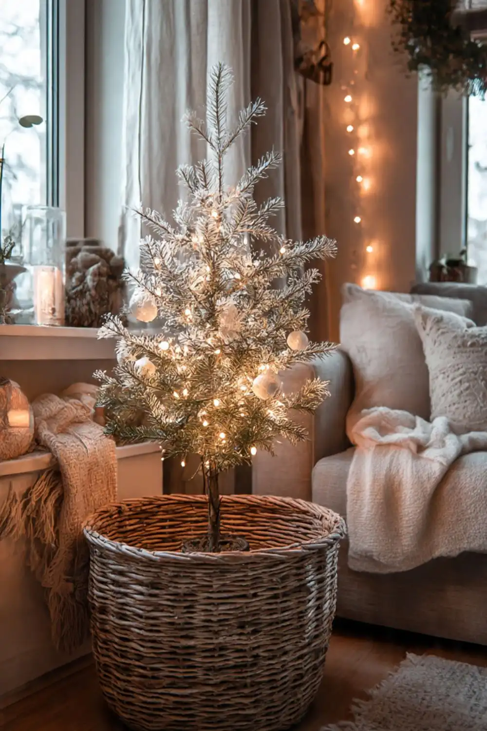 Cozy room with Christmas tree and lights