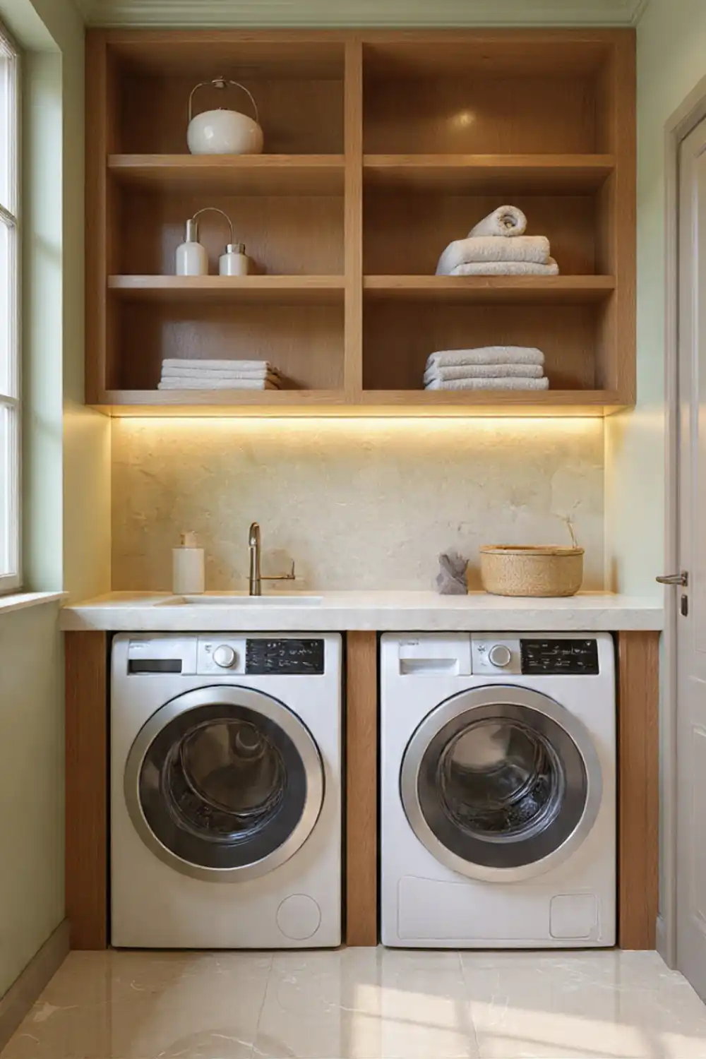 Modern laundry room with washer and storage shelves.