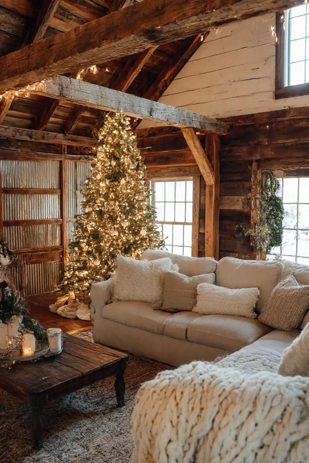 Cozy living room with Christmas tree and lights.