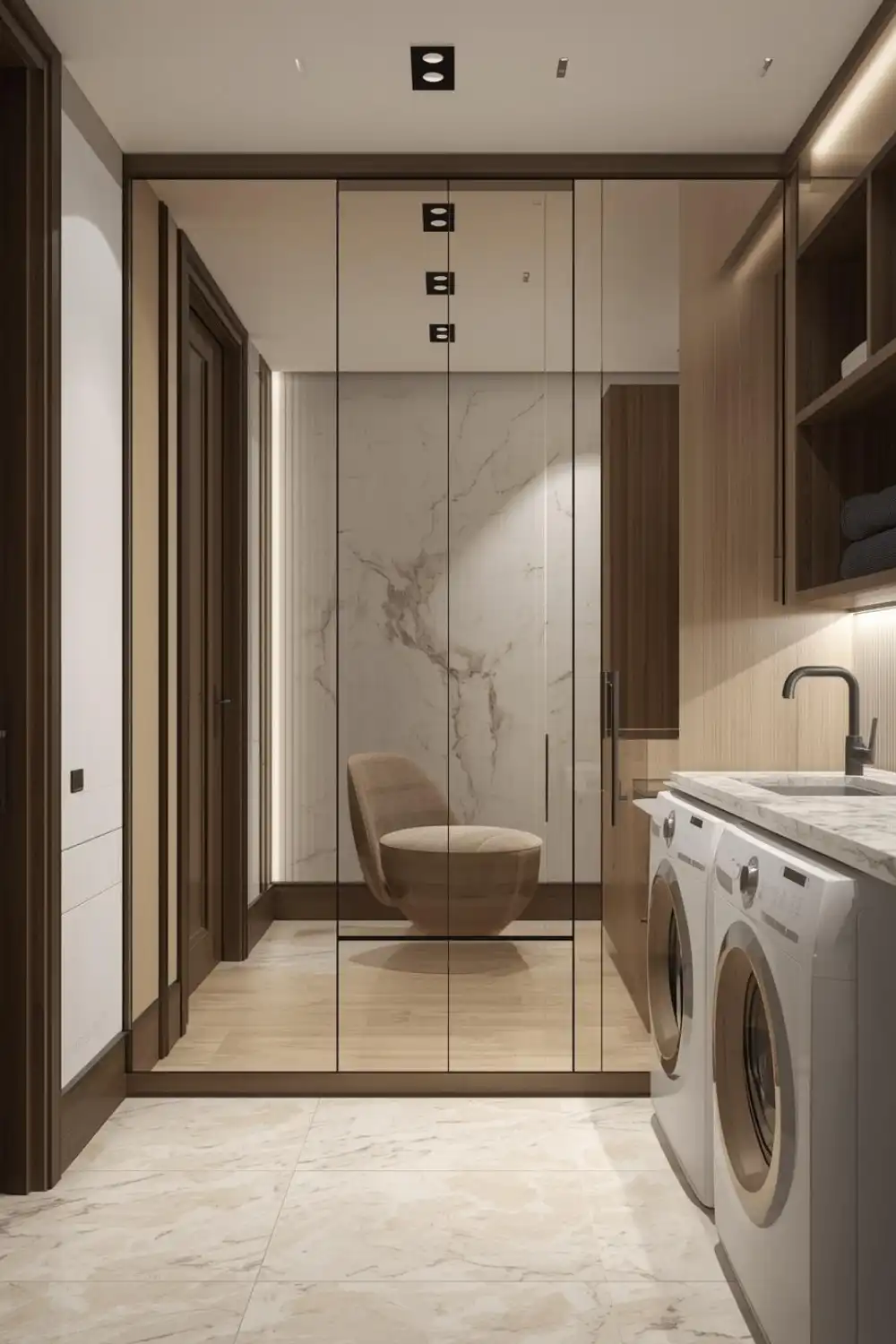 Stylish laundry room with marble and wood decor.