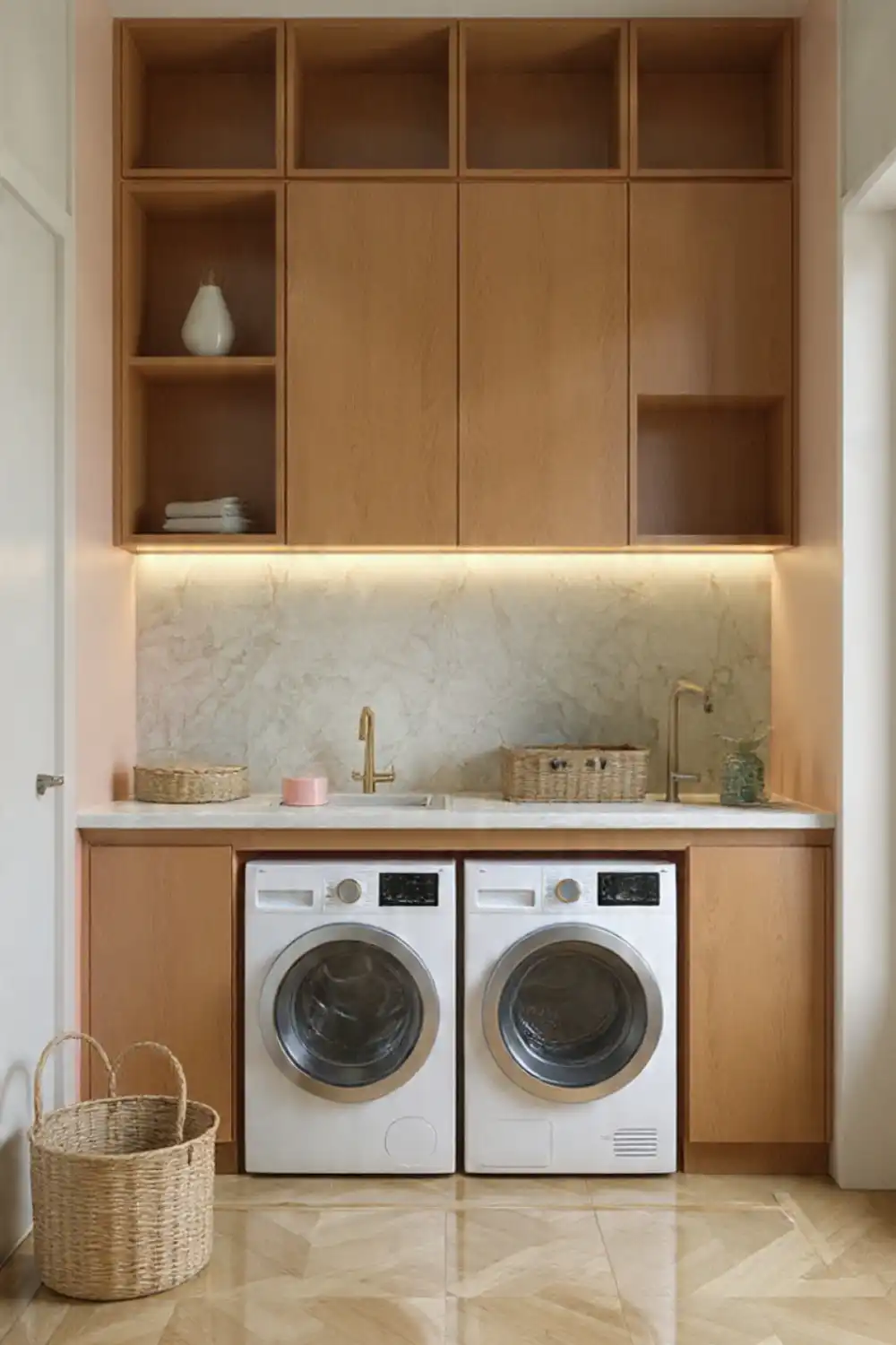 Modern laundry room with cabinets and washer, dryer.