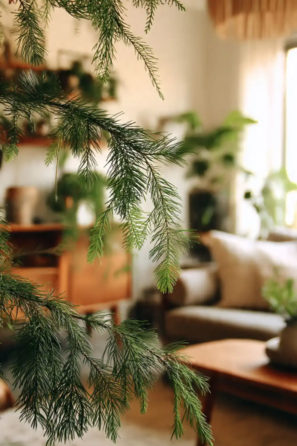 Close-up of green fern in cozy living room