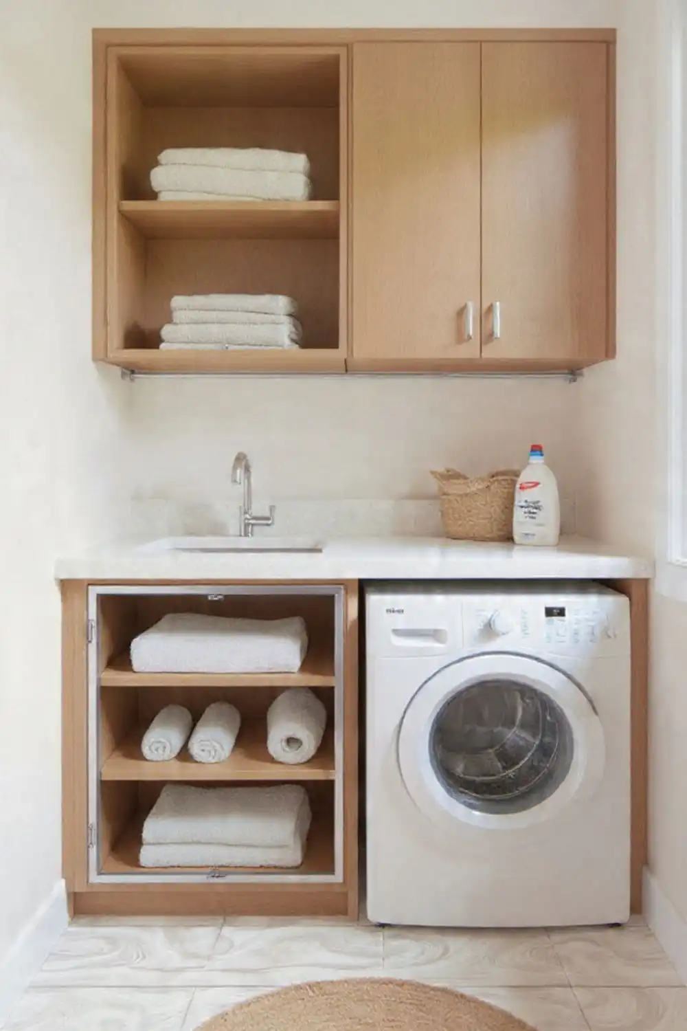 Laundry area with shelves and washing machine.