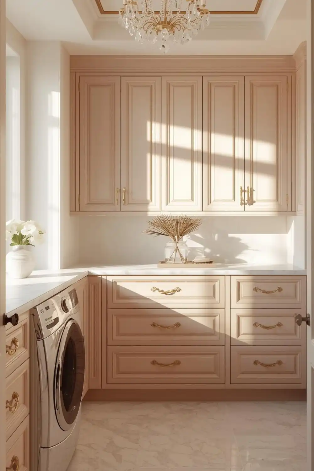 Elegant laundry room with wooden cabinets and chandelier.