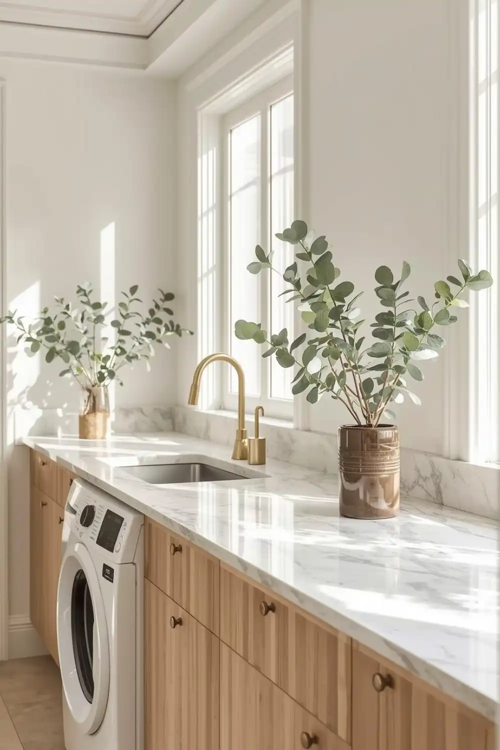 Bright laundry room with marble countertop and plants.