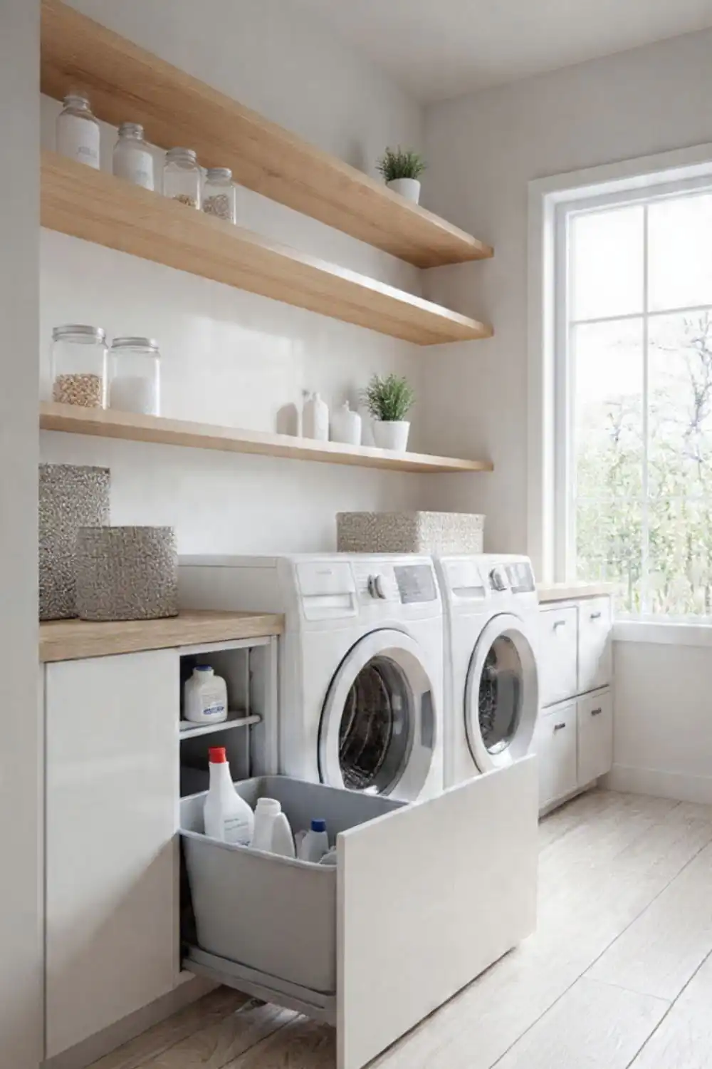 Modern laundry room with washer, dryer, shelving