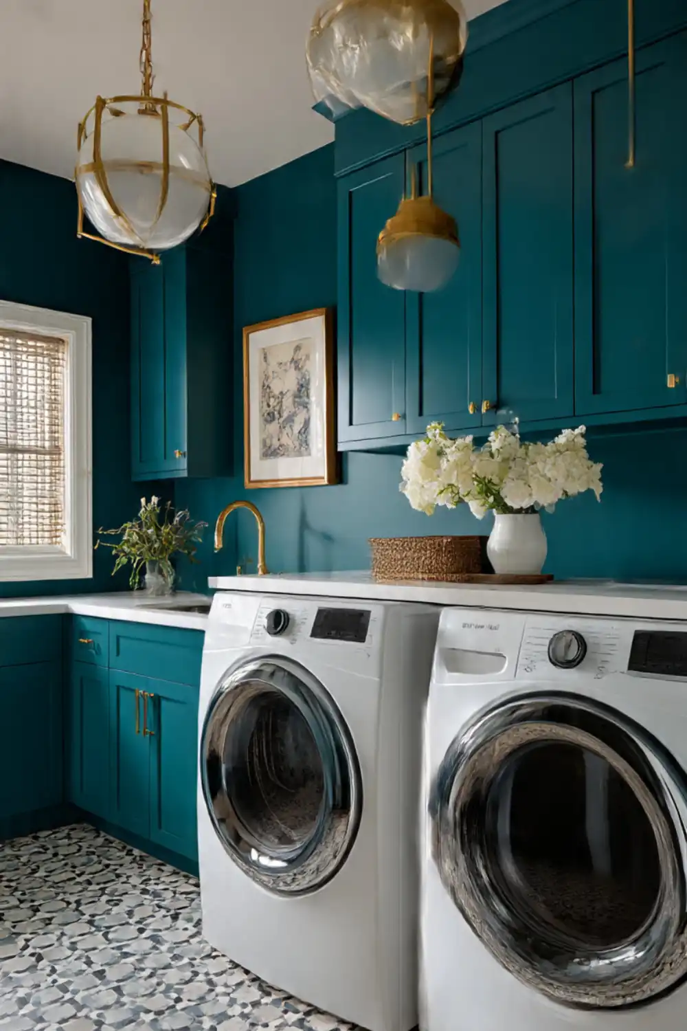 Modern laundry room with teal cabinets and washer.