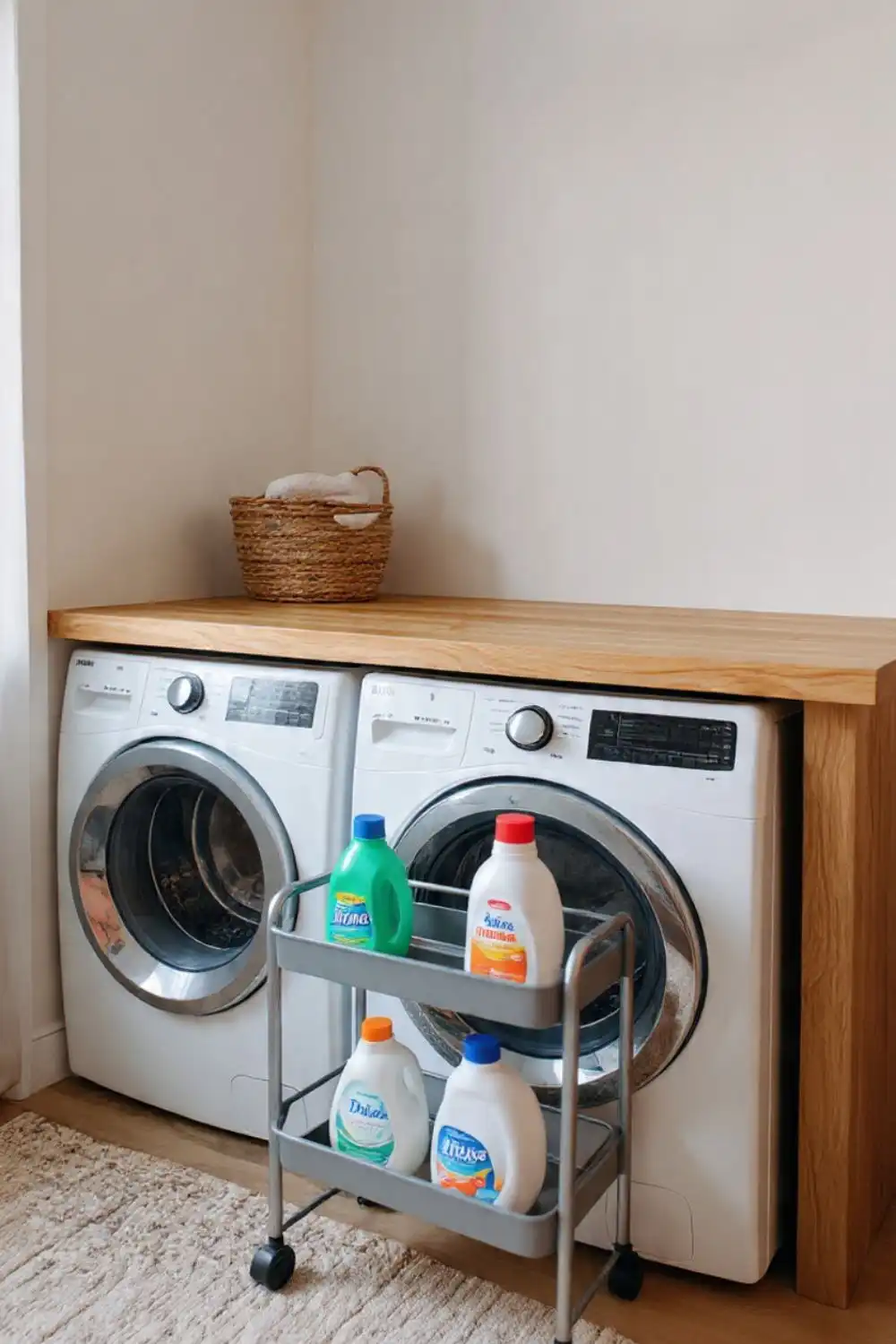 Modern laundry room with washer, dryer, detergents.
