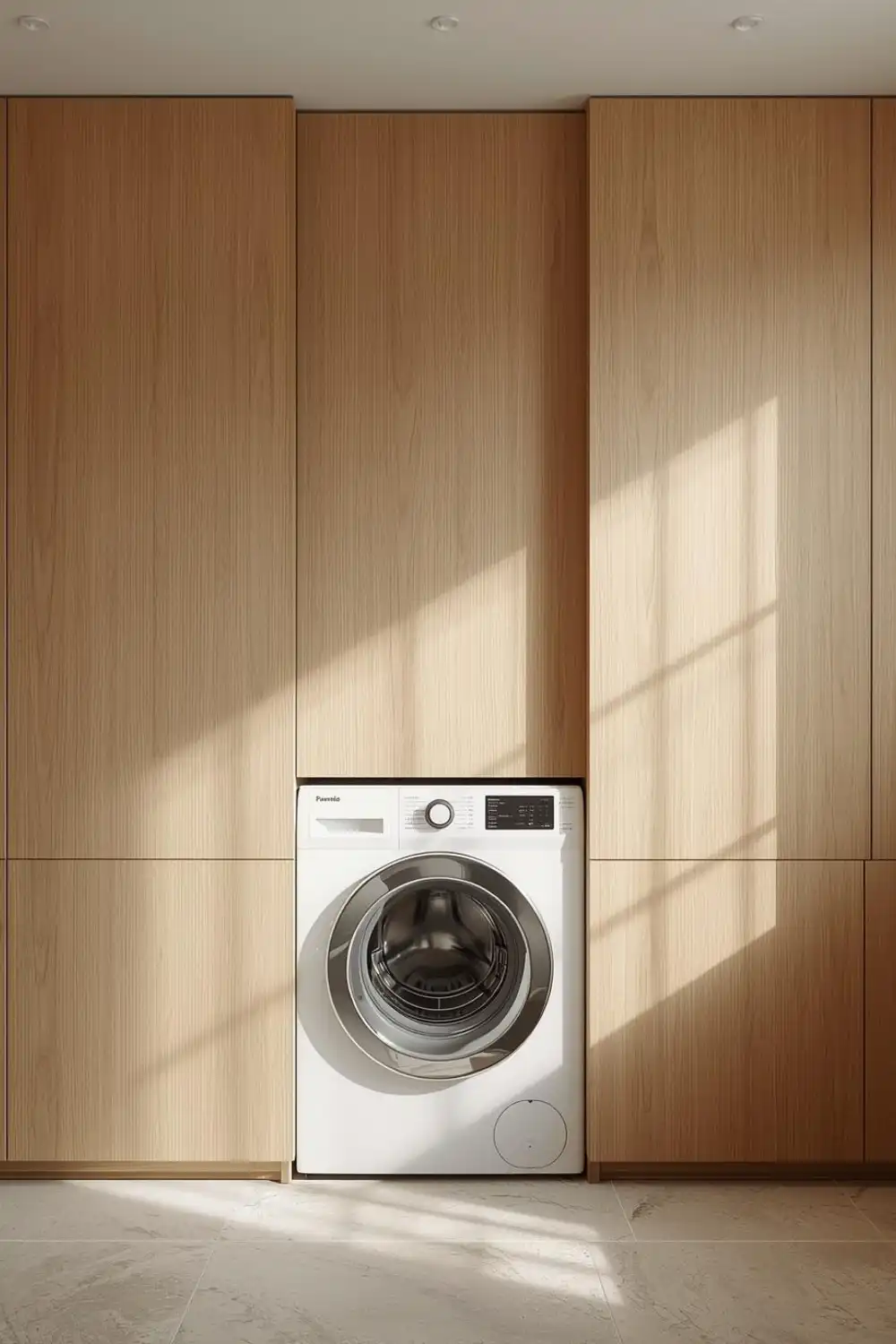 Modern washing machine in wooden cabinet setting.