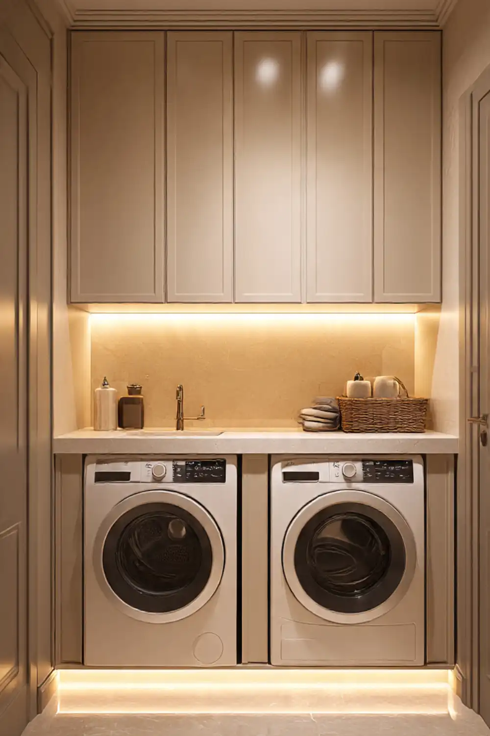 Modern laundry room with washer, dryer, cabinets.
