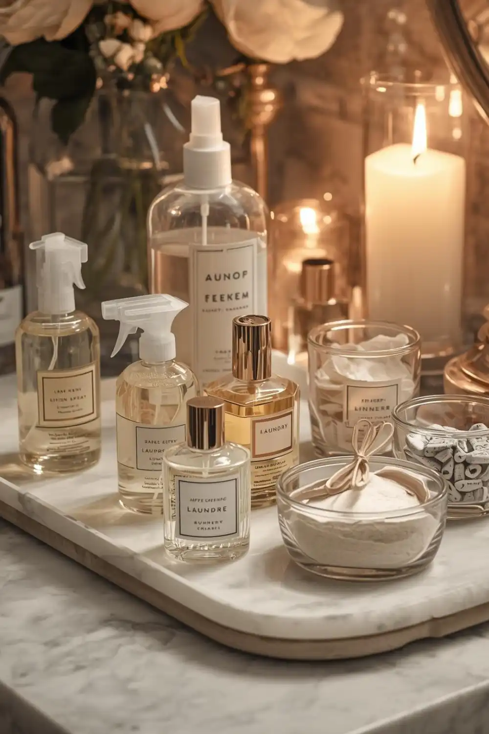 Luxury candles and toiletries on elegant bathroom tray.