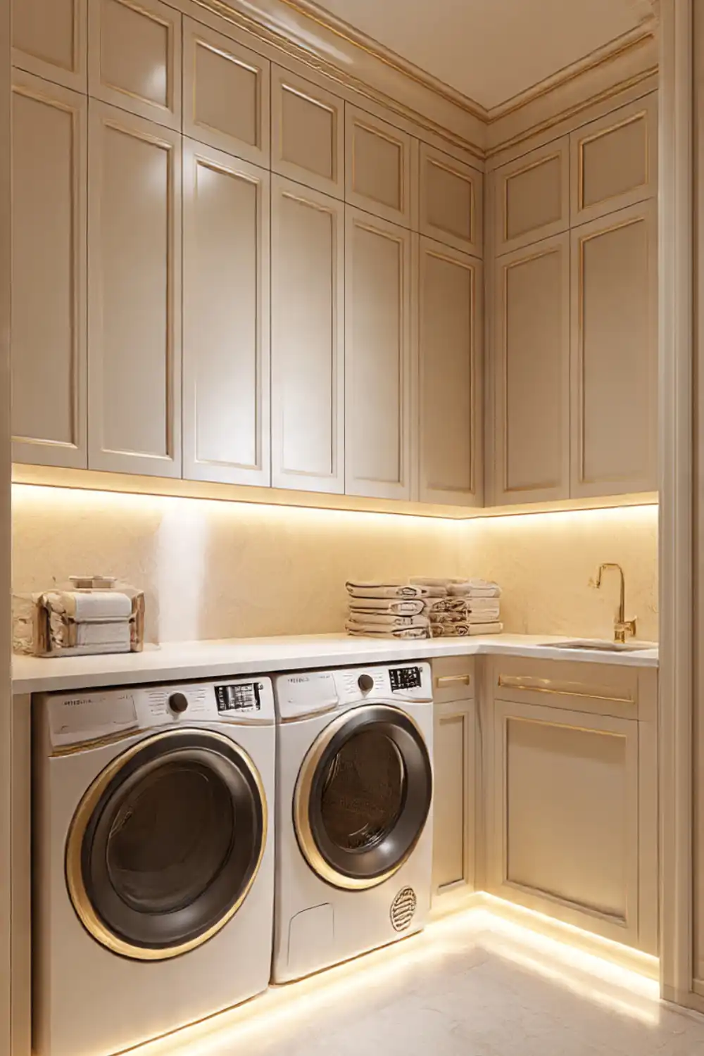 Luxurious laundry room with modern washer and dryer.
