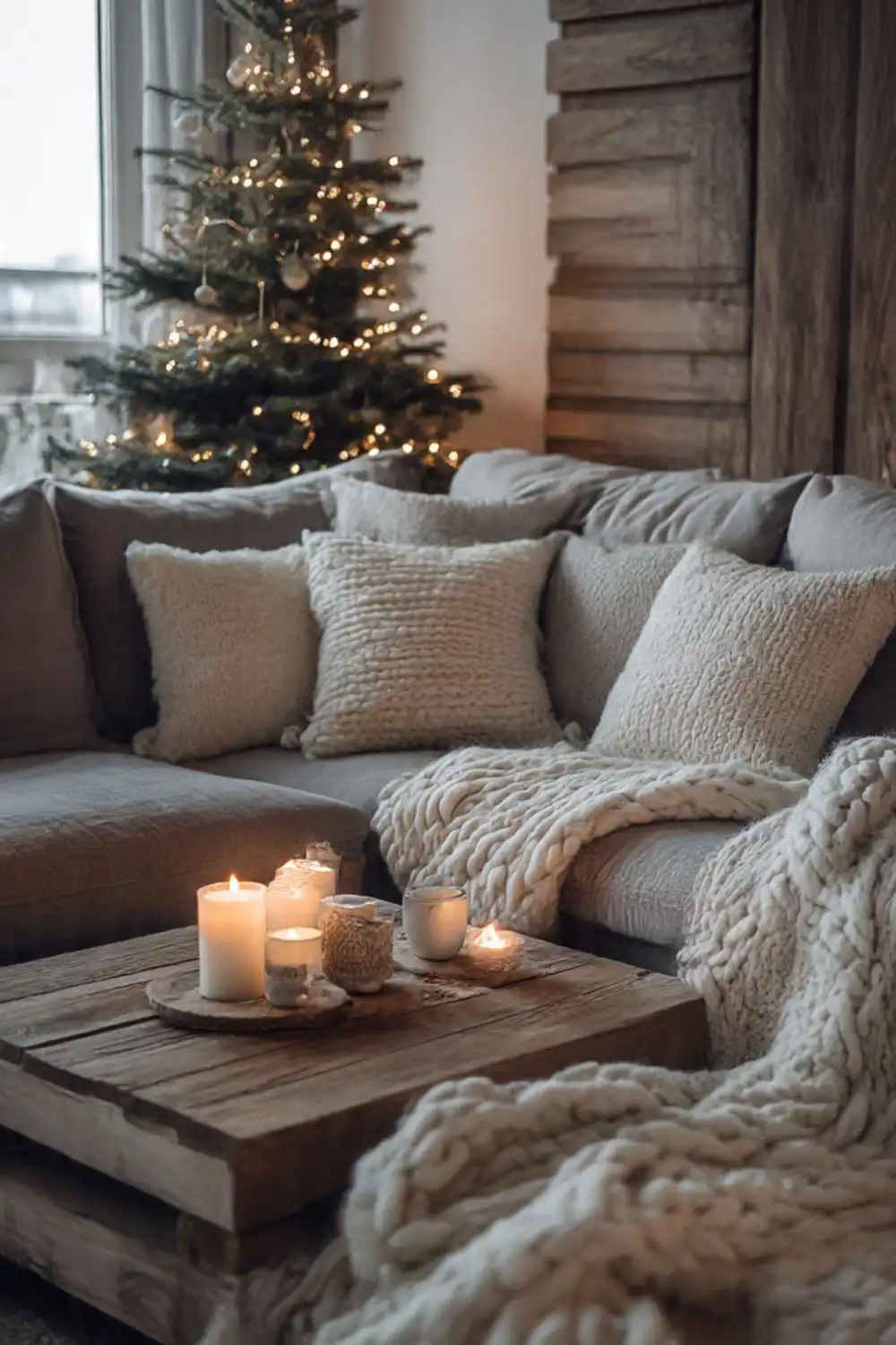 Cozy living room with candles and Christmas tree.