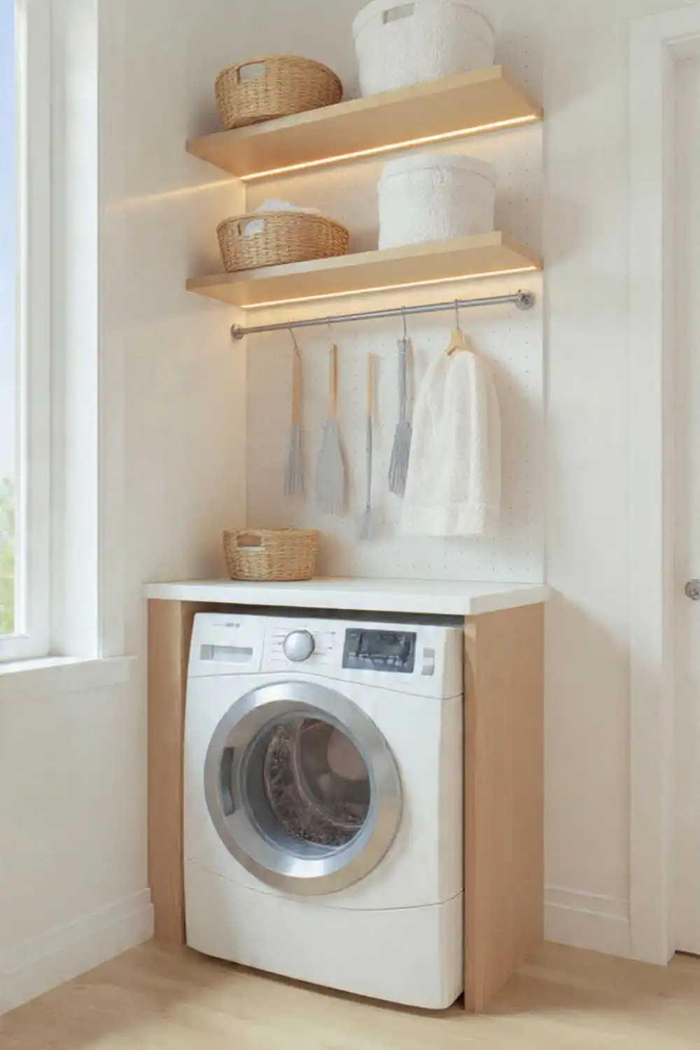 Modern laundry room with washing machine and shelves
