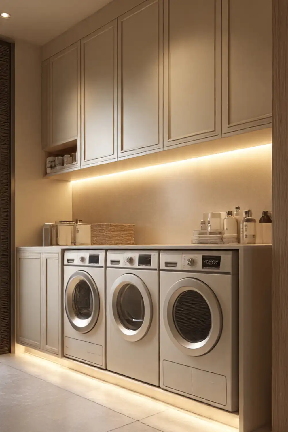 Modern laundry room with three washing machines.