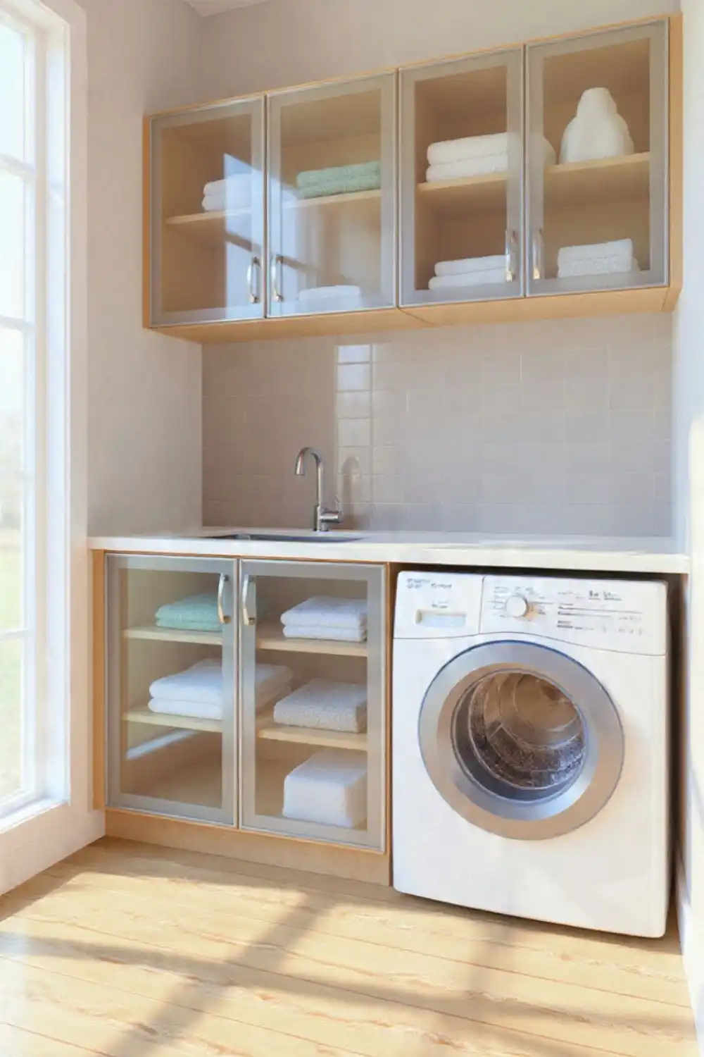 Modern laundry room with washer and glass cabinets.