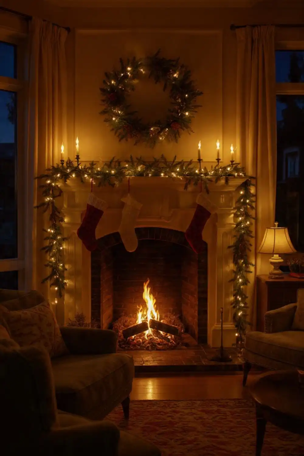 Cozy fireplace with holiday stockings and wreath.