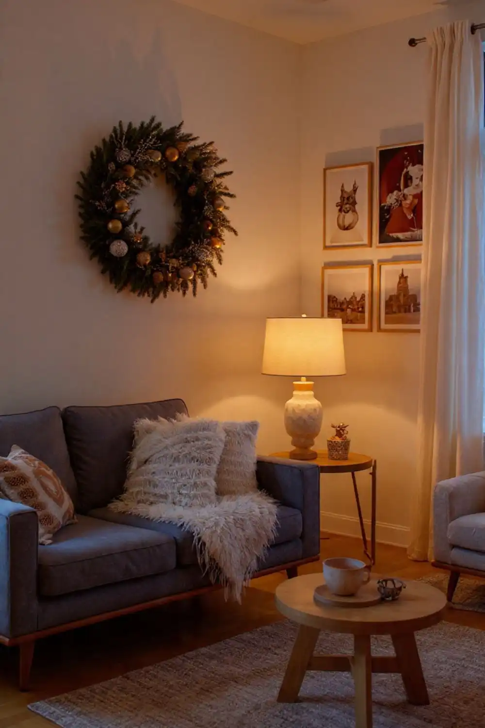 Cozy living room with wreath and lamp lighting.