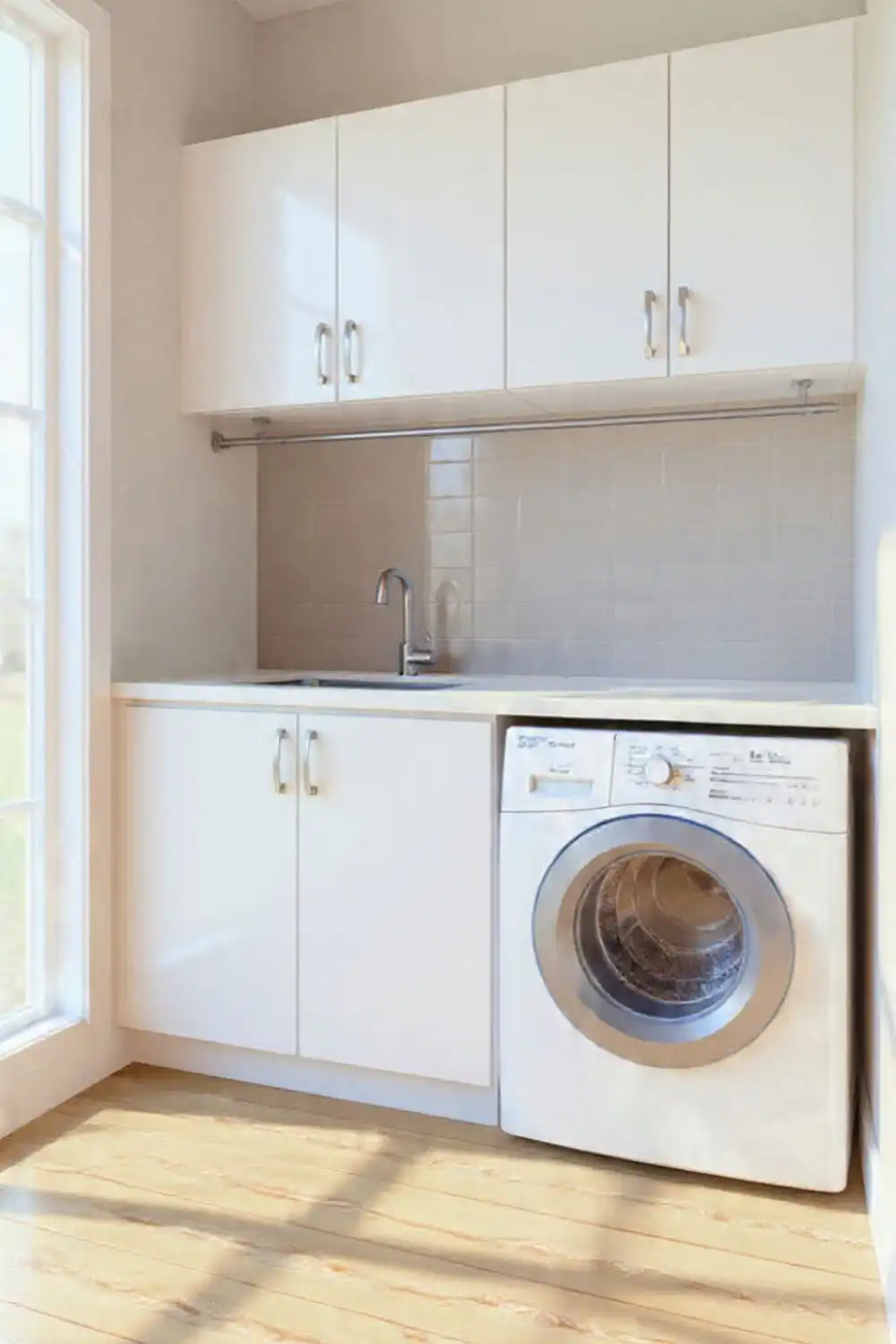 Modern laundry room with washing machine.