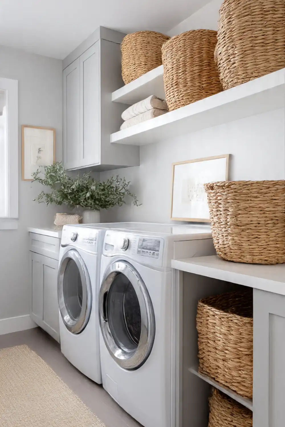 Modern laundry room with washer, dryer, and storage baskets.