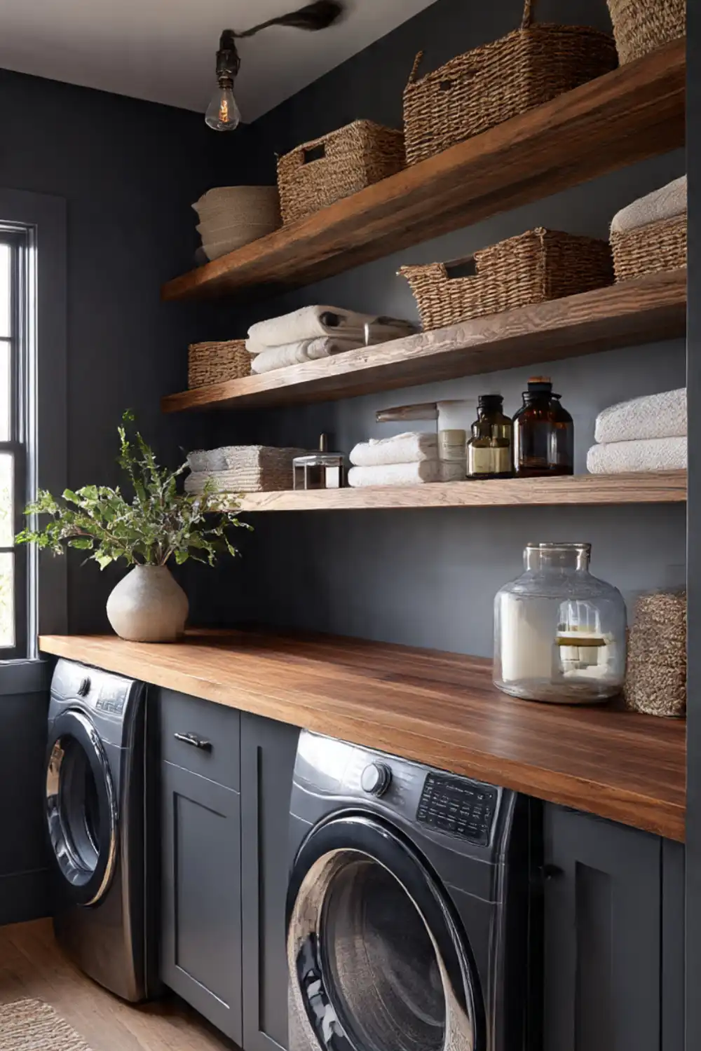 Modern laundry room with wooden shelves and appliances.