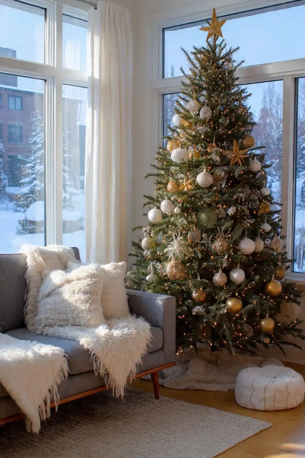 Cozy living room with decorated Christmas tree.
