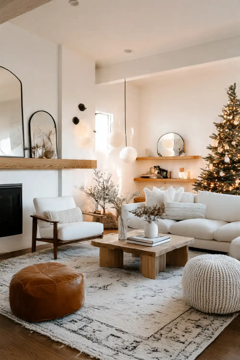 Cozy living room with Christmas tree and decorations.