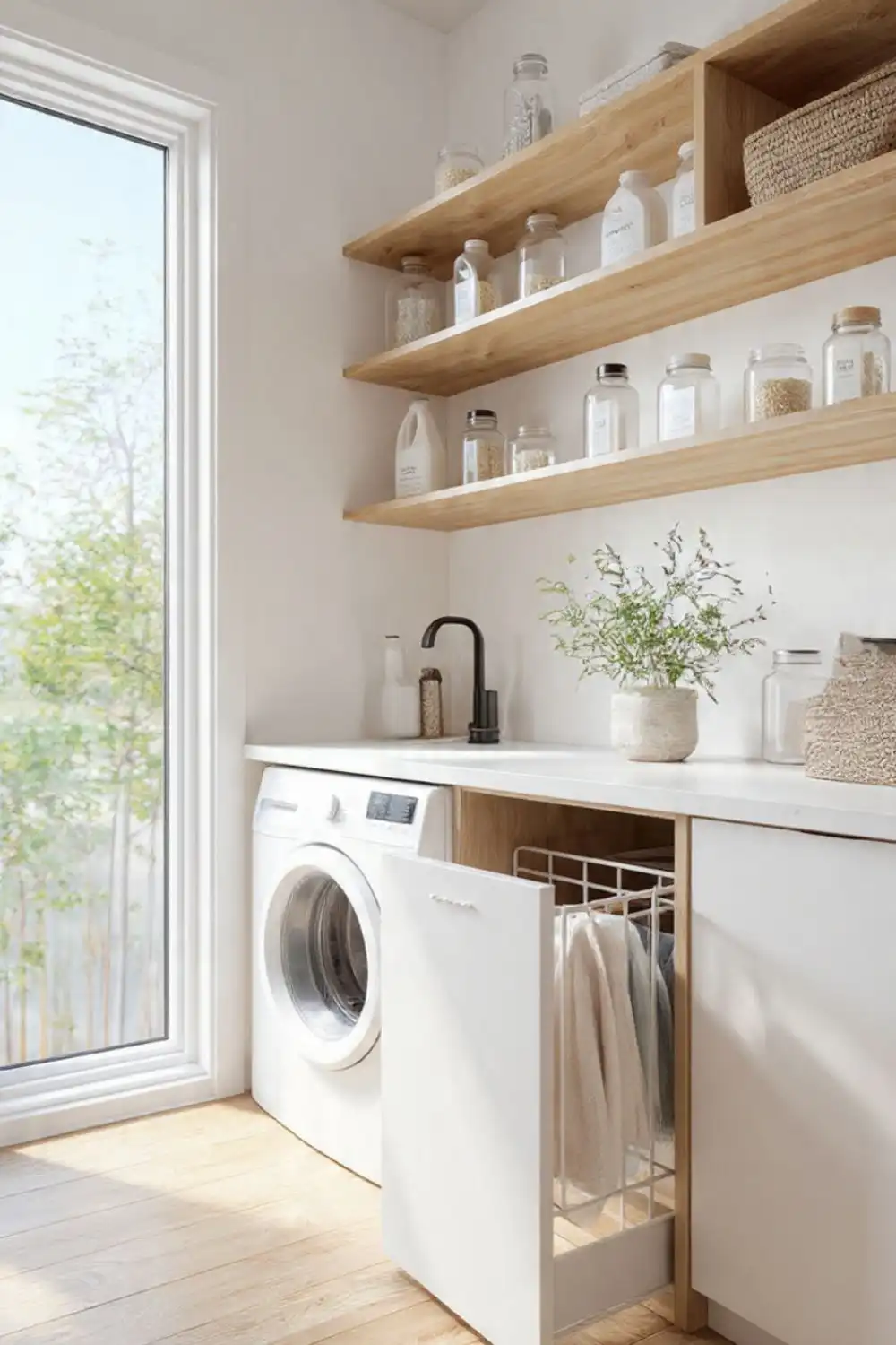 Minimalist laundry room with washer and shelves.