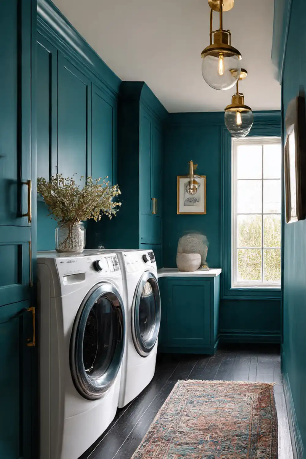 Elegant laundry room with teal cabinets and washer dryer.