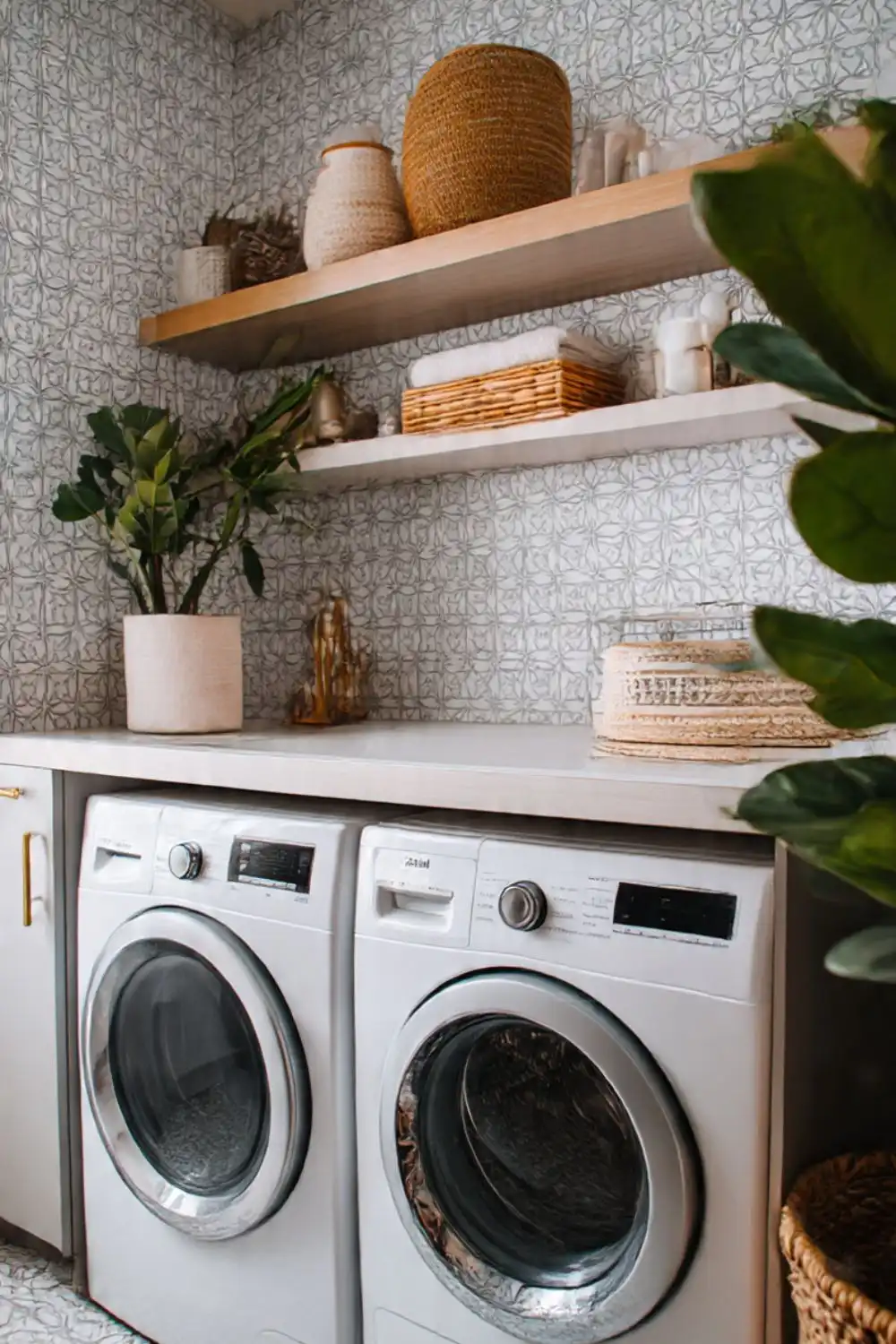Modern laundry room with washer, dryer, and plants.
