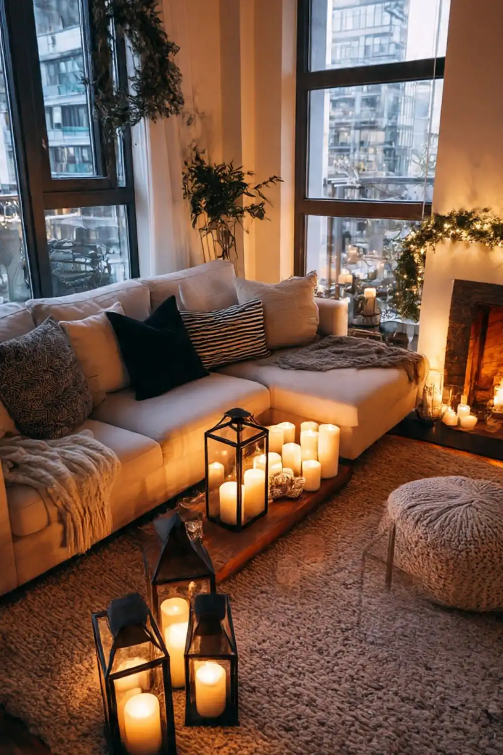 Cozy living room with candles and soft lighting.