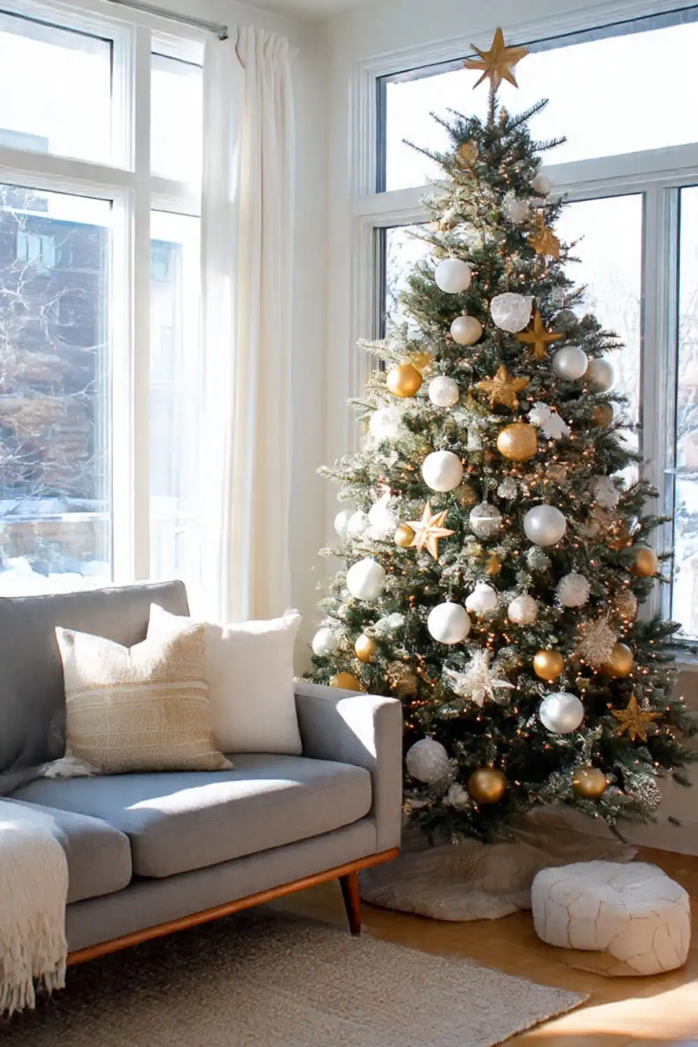 Festive Christmas tree in sunlit living room.