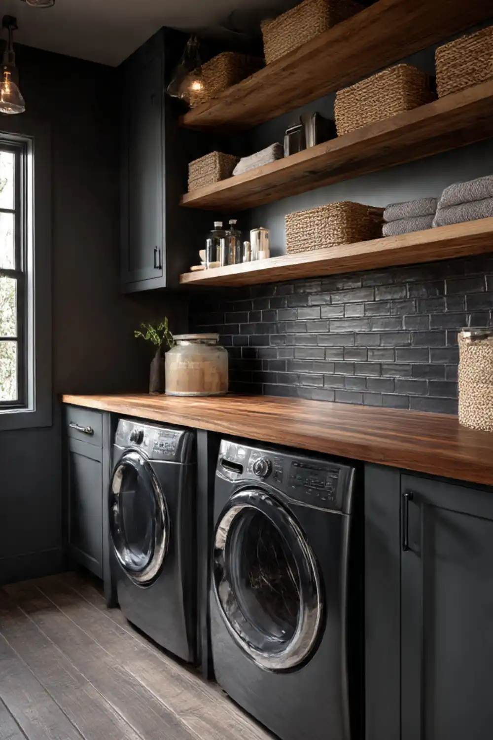 Modern laundry room with wooden shelves and black appliances.