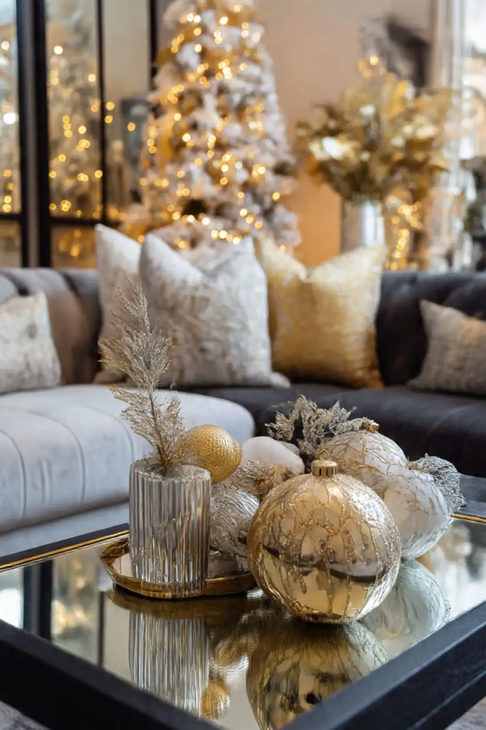 Elegant Christmas living room with gold decorations.