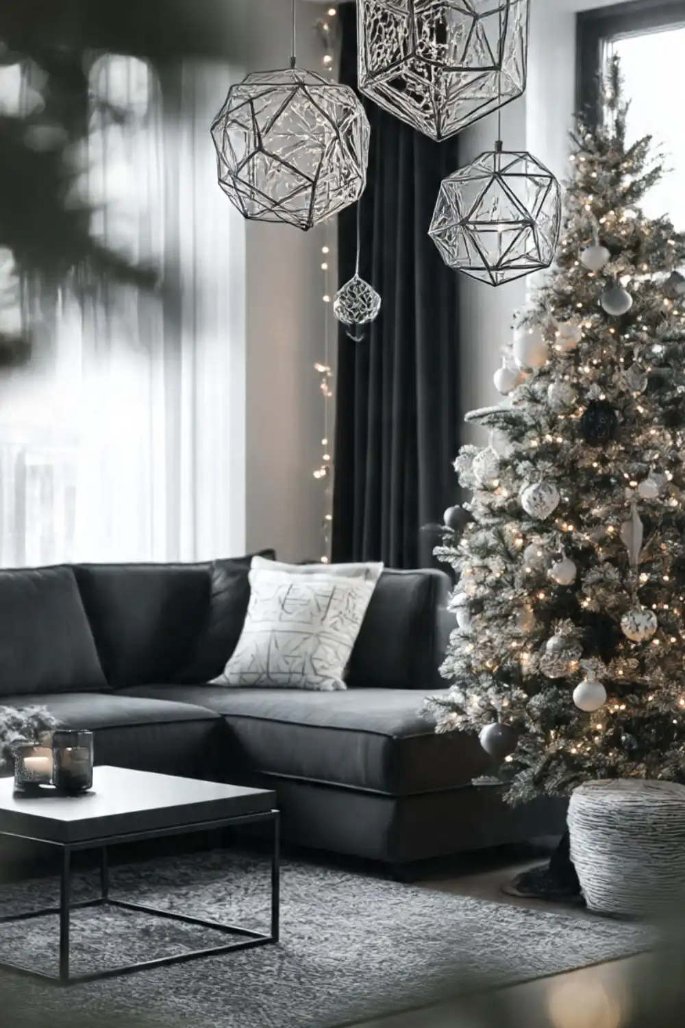 Modern living room with Christmas decorations and tree.